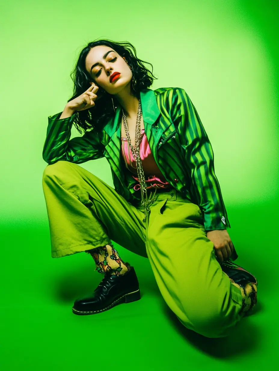 Early Violet Riot in an acid-green indie fashion portrait