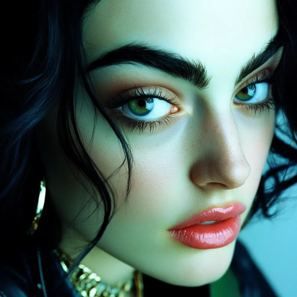 Early close-up portrait of Violet Riot with vivid green eyes