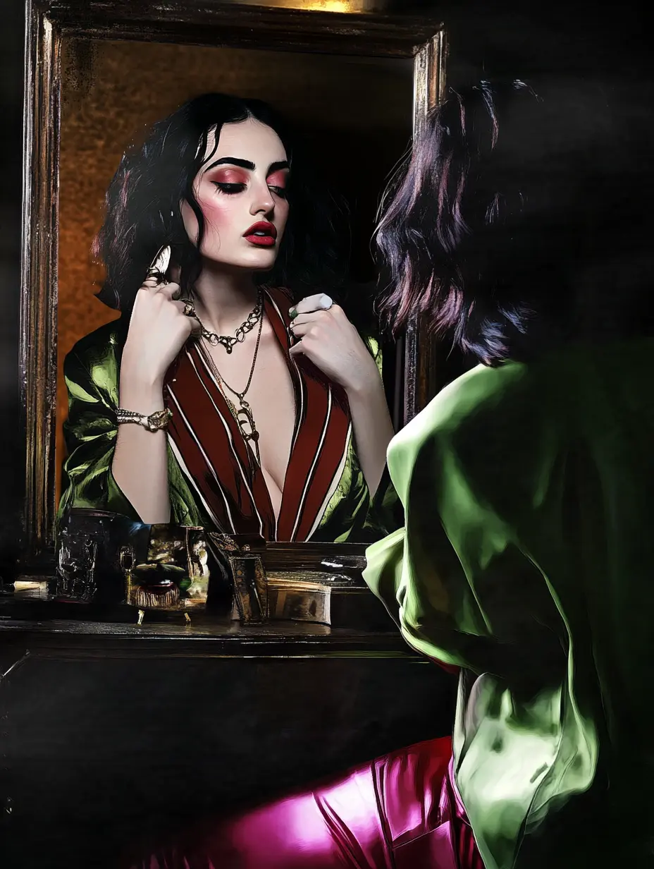 Early Violet Riot looking into a mirror at a changing reflection