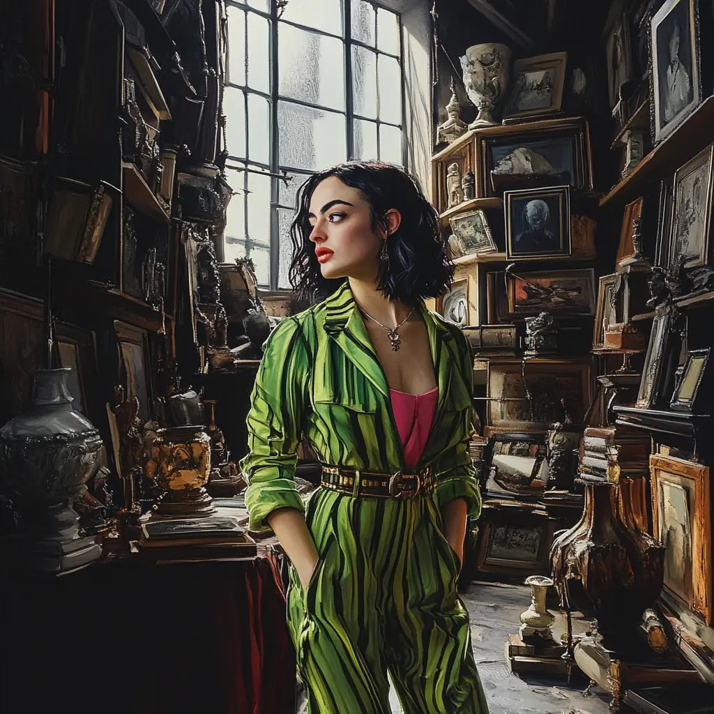 Violet Riot standing in an attic filled with antiquities