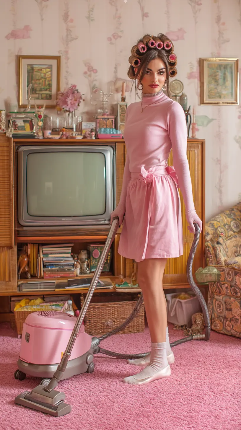 Original Nowhere Girl artwork showing a 1970s housewife hoovering