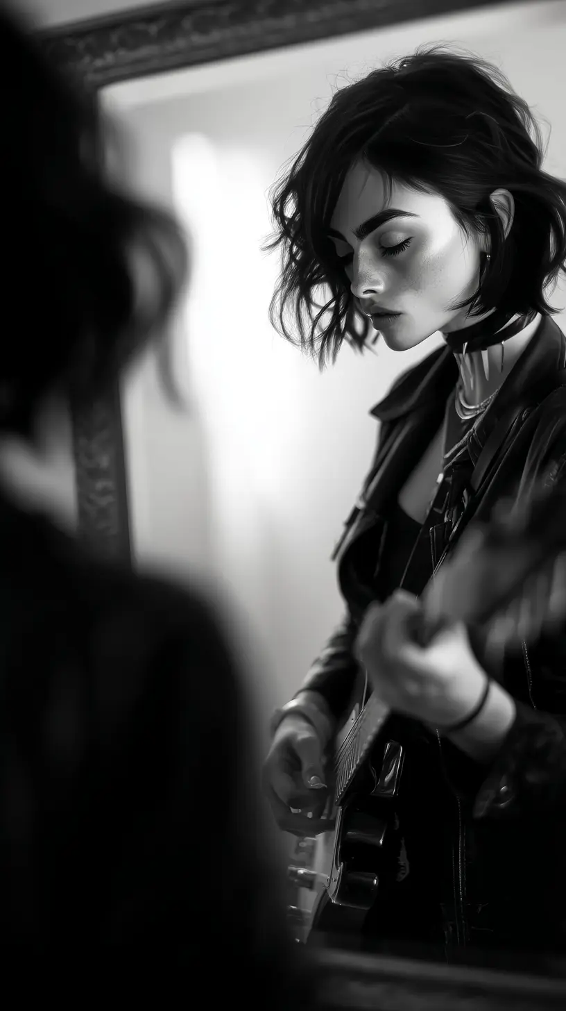 Black-and-white intimate guitar performance by Violet Riot
