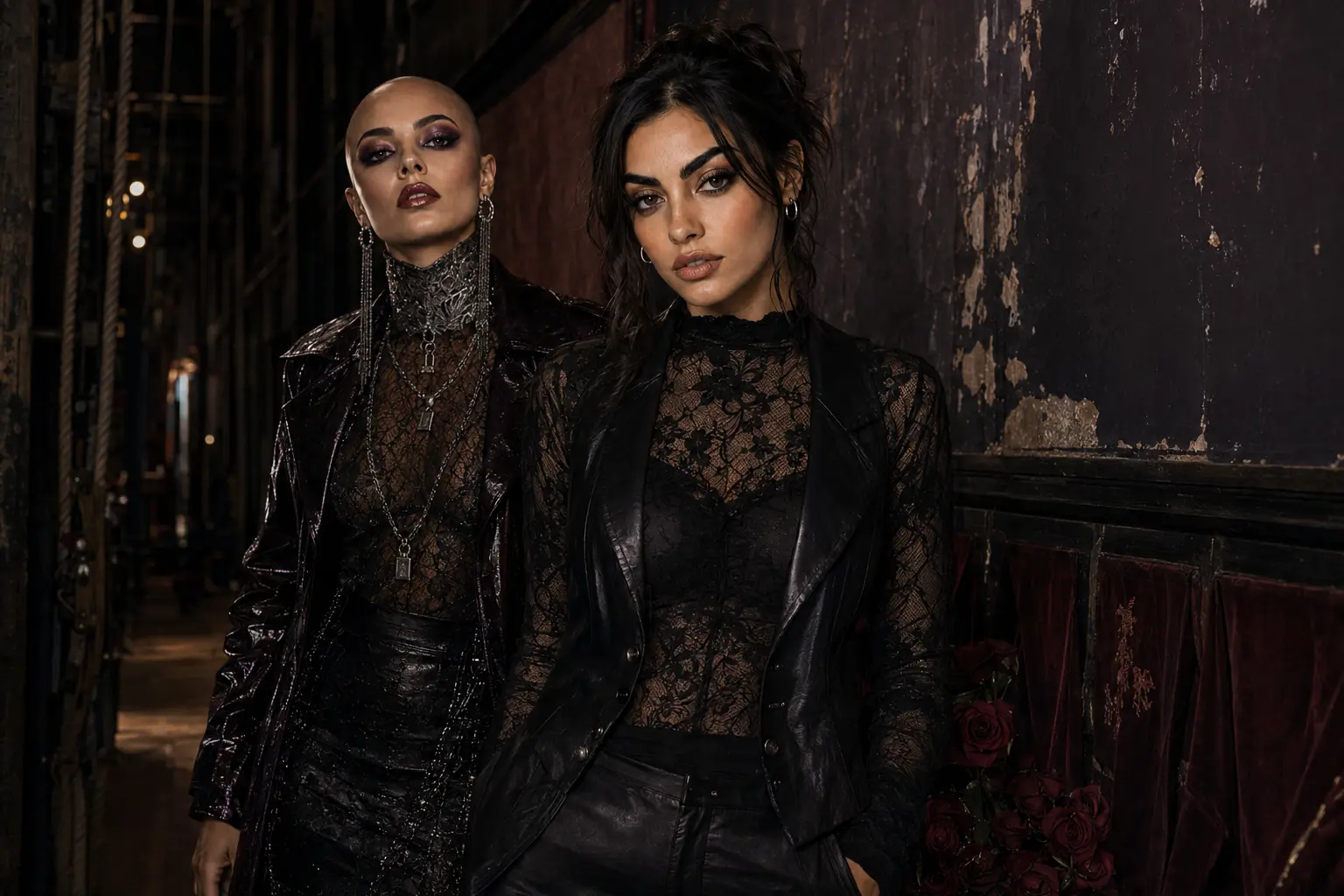 Violet Hart and Sloane in the wine-red shadows of a decaying theatre