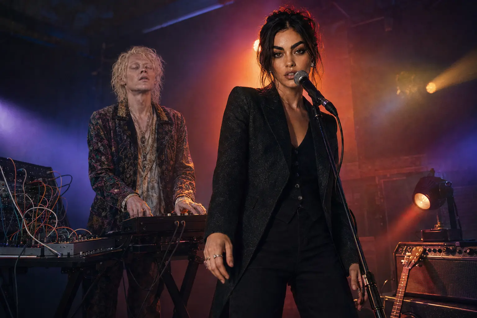 Violet Hart commanding a club stage fractured by different colours and musical worlds
