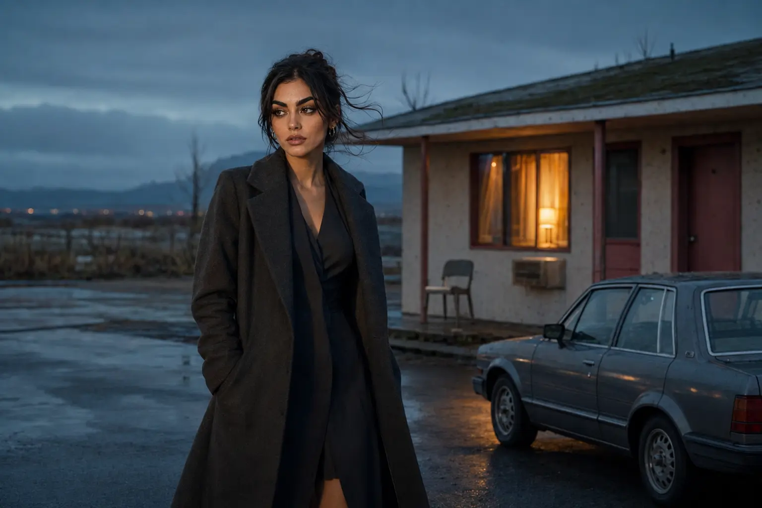 Violet Hart alone at a winter roadside motel in the blue hour