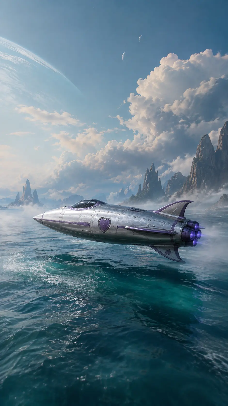 The Out Beyond spacecraft skimming a bright alien ocean