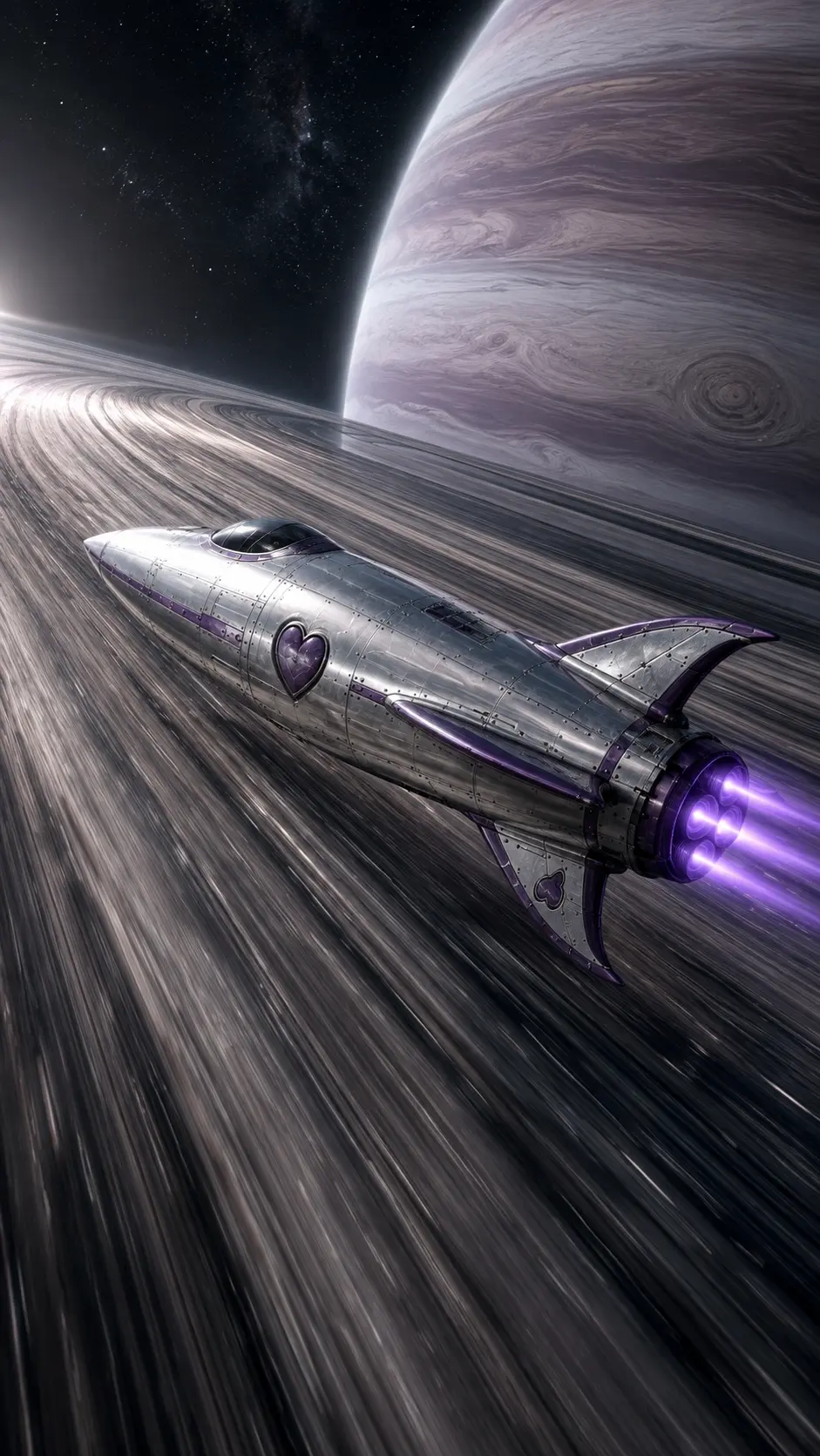 The silver Out Beyond spacecraft crossing a vast planetary ring